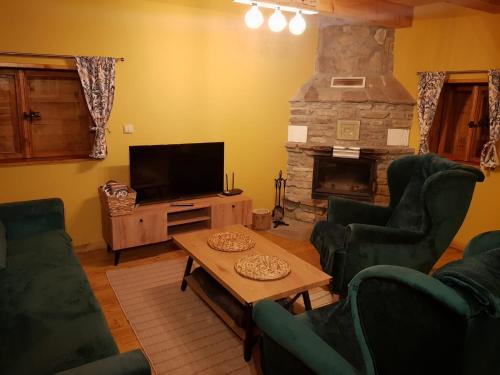 a living room with green chairs and a fireplace at Jabłoniowa Chatka in Kalwaria Pacławska