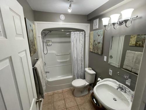 Un baño con inodoro, lavabo y ducha. en The Lookout Inn, en New Glasgow