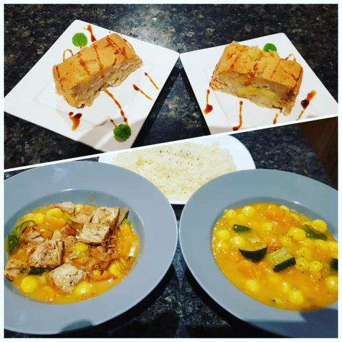 a table with three different plates of food and a bowl of soup at Cote de France in Fundura