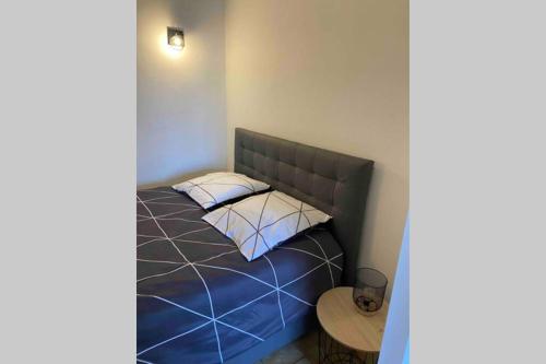 een slaapkamer met een blauw bed met 2 kussens bij Appartement chaleureux au cœur d un village classé in Villebois-Lavalette