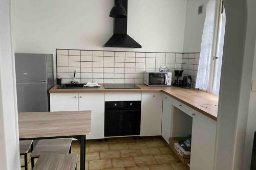 een keuken met een aanrecht, een wastafel en een magnetron bij Appartement chaleureux au cœur d un village classé in Villebois-Lavalette