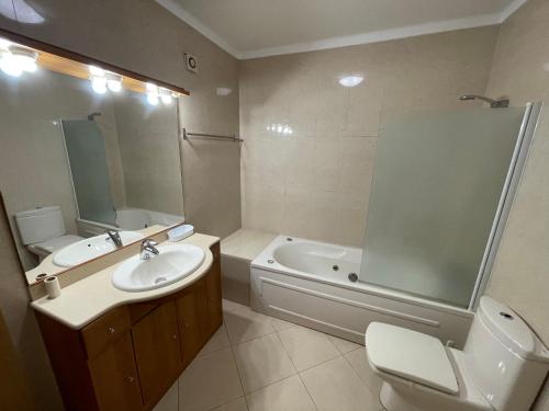 uma casa de banho com um lavatório, um WC e um chuveiro em Sea and Port view Apartement em Setúbal