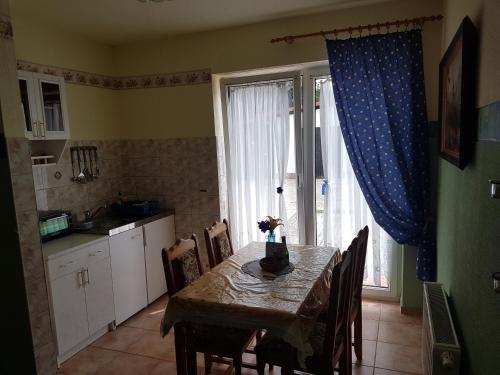 a kitchen with a table with chairs and a window at Landpension Zum Schweizerberg in Neugrimnitz