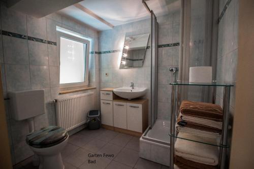 een badkamer met een toilet, een wastafel en een douche bij Hohlfeld´s Ferienwohnung in Bad Schandau