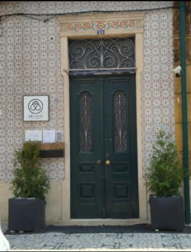 a green door with two potted plants in front of it at ArtisticGuesthouse in Tomar