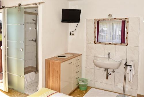 ein Bad mit einem Waschbecken und einer Dusche in der Unterkunft Haus Gabriela in Itter