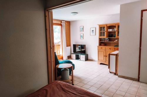 Cet appartement comprend un salon avec un canapé et une cuisine. dans l'établissement Morzine 2 pièces aux pieds des pistes avec Wifi, à Morzine