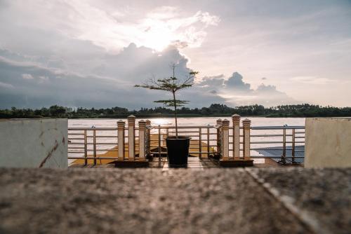 a tree in a pot next to a fence at Ridel Sunset Hotel in Kota Bharu