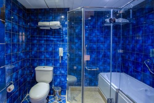 ein blau gefliestes Bad mit einem WC und einer Dusche in der Unterkunft Porto El Jabal Hotel in Ain Suchna