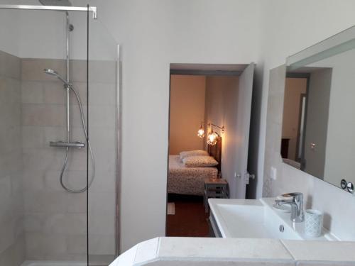 een badkamer met douche, wastafel en spiegel bij MAISON BOURGUES in Lioux