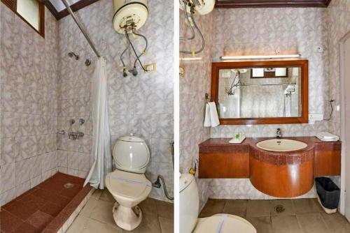 two pictures of a bathroom with a toilet and a sink at The Beaufort Inn in New Delhi