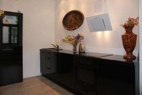 a kitchen with a black counter and a clock on the wall at DaVinci Radziwiłłowska Apartments in Krakow