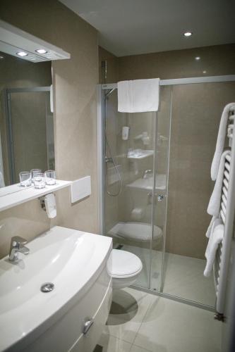 a bathroom with a shower and a toilet and a sink at Villa Basileia Riverside in Karlovy Vary
