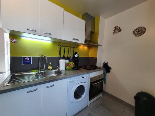 a kitchen with a sink and a washing machine at Residence Alassa in Montévrain