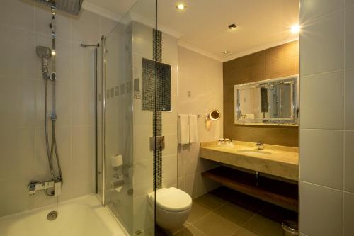 a bathroom with a shower and a toilet and a sink at Euro Park Hotel Bursa in Bursa