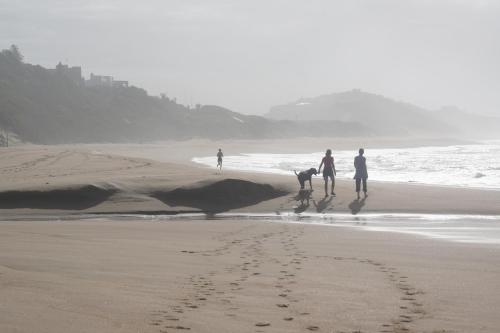 three people and a dog walking on the beach at The Pink Lodge on The Beach in Wilderness