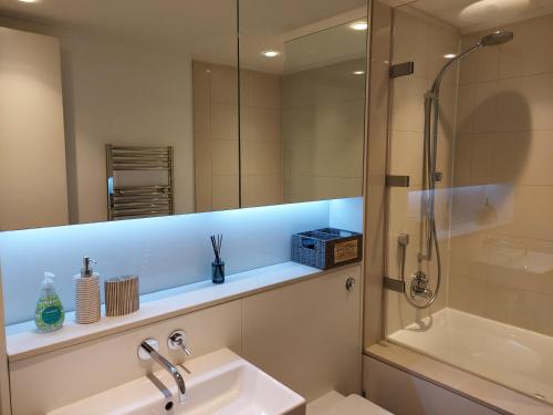 a bathroom with a sink and a shower and a mirror at Quartermile Luxury Landing Apartment in Edinburgh
