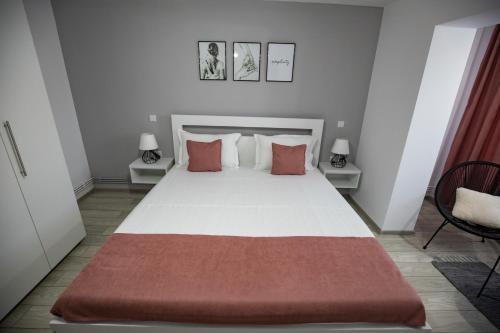 a bedroom with a large white bed with red pillows at Apartament Serban in Tîrgu Ocna