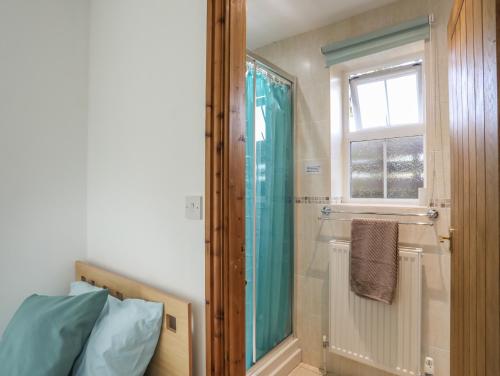 a bathroom with a shower with a glass door at Hazel Bank Cottage in Amlwch