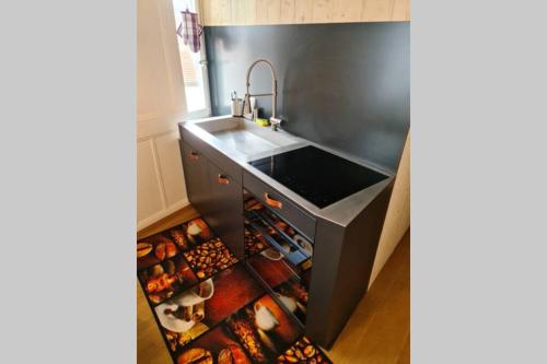 a kitchen with a sink and a counter top at Petit bijou de Sainte-Croix in Sainte-Croix