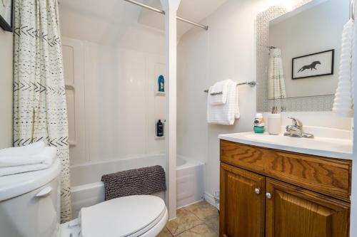 a bathroom with a toilet and a sink and a tub at Spa Oasis Home - Hot Tub - King Bed - BBQ - Garage - Pets! in Edmonton