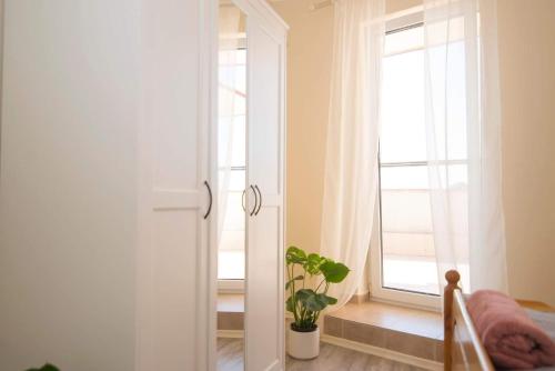- une chambre avec un miroir et une fenêtre ornée d'une plante dans l'établissement Francesca Apartmanlakása, à Tapolca