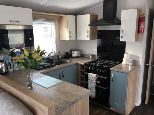 a kitchen with blue cabinets and a stove top oven at Swan View Haven, Littlesea in Weymouth