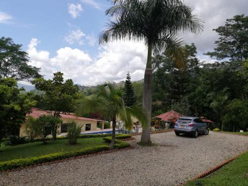 a car parked in a driveway next to a palm tree at Hacienda el Paraiso Villeta in Villeta