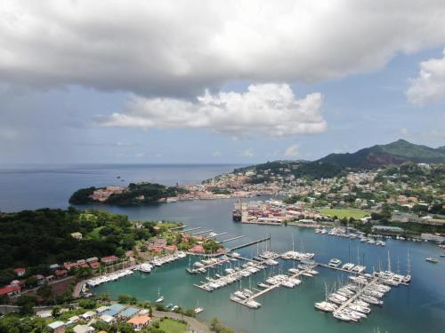 an aerial view of a harbor with boats in the water at CasaCalypso Grenada in Belmont