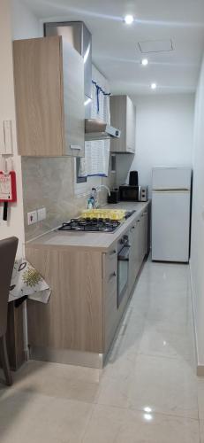 a kitchen with wooden cabinets and a white refrigerator at One Bed Room Apartment with terrace in Marsaskala
