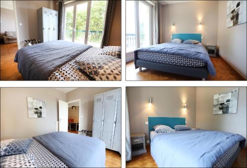 trois photos différentes d'une chambre avec deux lits dans l'établissement Le Flaugergues centre ville Rodez, à Rodez