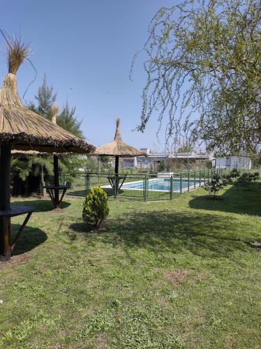 a yard with two umbrellas and a swimming pool at Cabañas Elabu in San Miguel del Monte