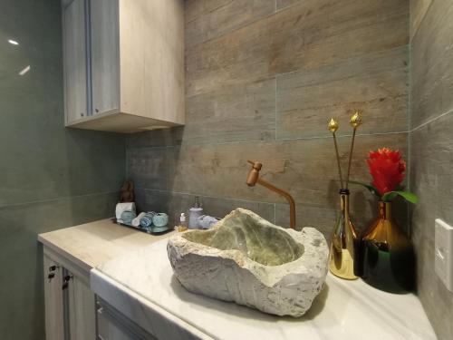 una cocina con un tazón de piedra en una encimera en Lofts do Morro Magico en Búzios