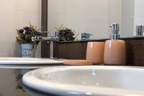 W łazience znajduje się biała umywalka i lustro. w obiekcie DEPARTAMENTO MODERNO, ACOGEDOR Y CÉNTRICO. w mieście Sucre