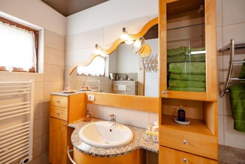 uma casa de banho com um lavatório e um espelho em Ferienhaus Birker em Kleinfeistritz