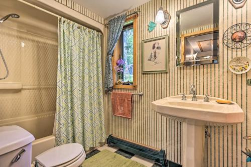 a bathroom with a sink and a toilet and a mirror at Lakeside Iola Hideaway: Stunning Nature Views in Iola