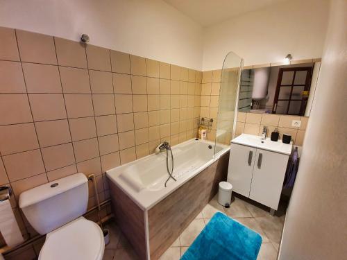 a bathroom with a tub and a toilet and a sink at Idéalement situé, spacieux et agréable, parking gratuit et classé 3 étoiles in Mende