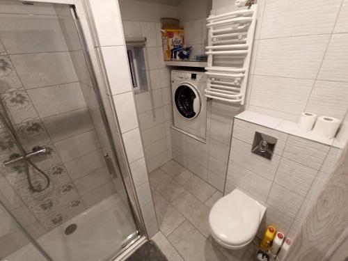 uma casa de banho com um chuveiro, um WC e uma máquina de lavar roupa em Feel like in Heaven em Bachowice