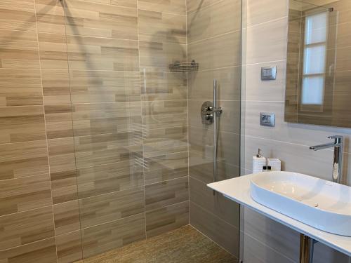 a bathroom with a sink and a glass shower at B&B La Luce Verde in Saluzzo