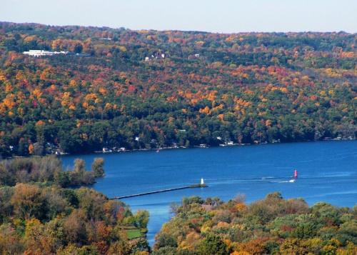 a view of a lake with boats in the water at Americas Best Value Inn Horseheads in Elmira