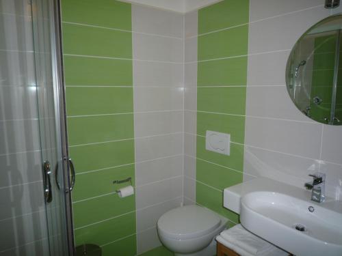 ein grün-weißes Badezimmer mit Toilette und Waschbecken in der Unterkunft Guesthouse Pri Mihelovih in Sežana