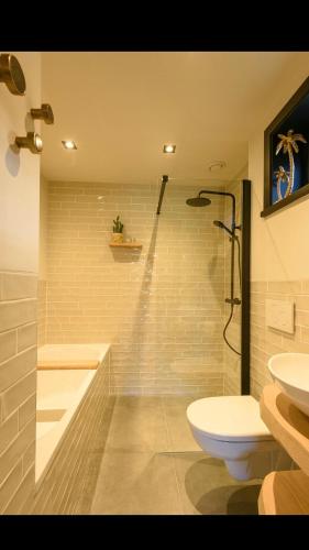 a bathroom with a shower and a toilet and a sink at Onder de Molen in Garderen