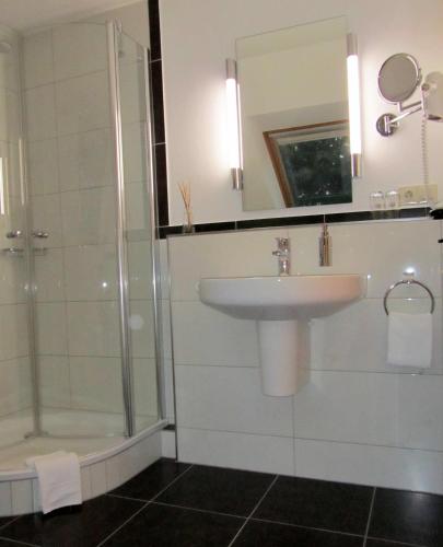a bathroom with a sink and a shower at Land-gut-Hotel Lohmann in Drensteinfurt