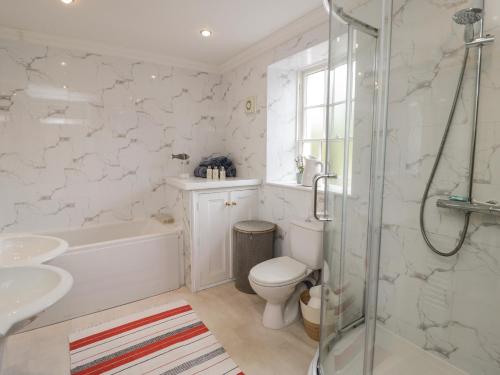 uma casa de banho com um WC, um lavatório e um chuveiro em Tan Y Bryn em Beaumaris
