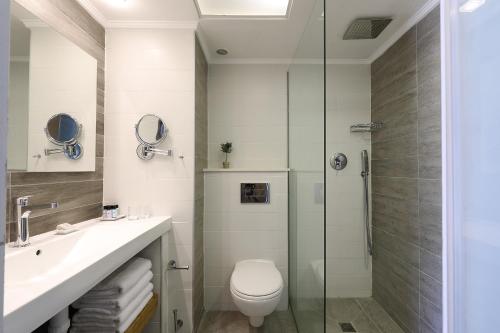 a bathroom with a shower and a toilet and a sink at Ramot Resort Hotel in Moshav Ramot