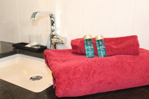 łazienka z 2 czerwonymi ręcznikami i umywalką w obiekcie B Apartment w mieście Bierbeek