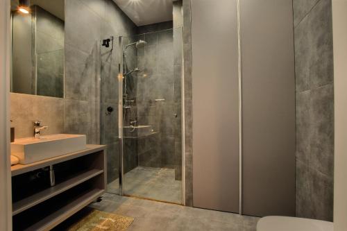 a bathroom with a shower and a sink at Apartamenty MIWA in Szczyrk