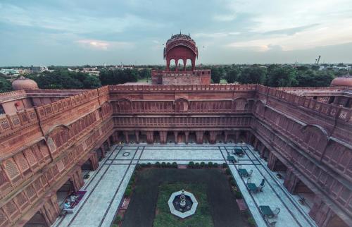 an aerial view of a building with a clock tower at The Laxmi Niwas Palace in Bikaner