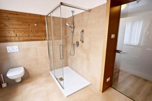 een badkamer met een douche en een glazen douchecabine bij Hotel Pinzolo-Dolomiti in Pinzolo