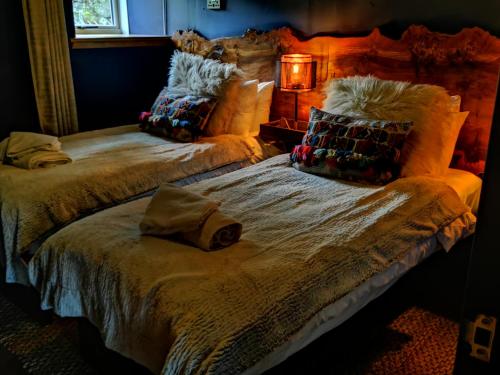 a bedroom with two beds with a lamp on it at Drumdelgie Cottages in Huntly